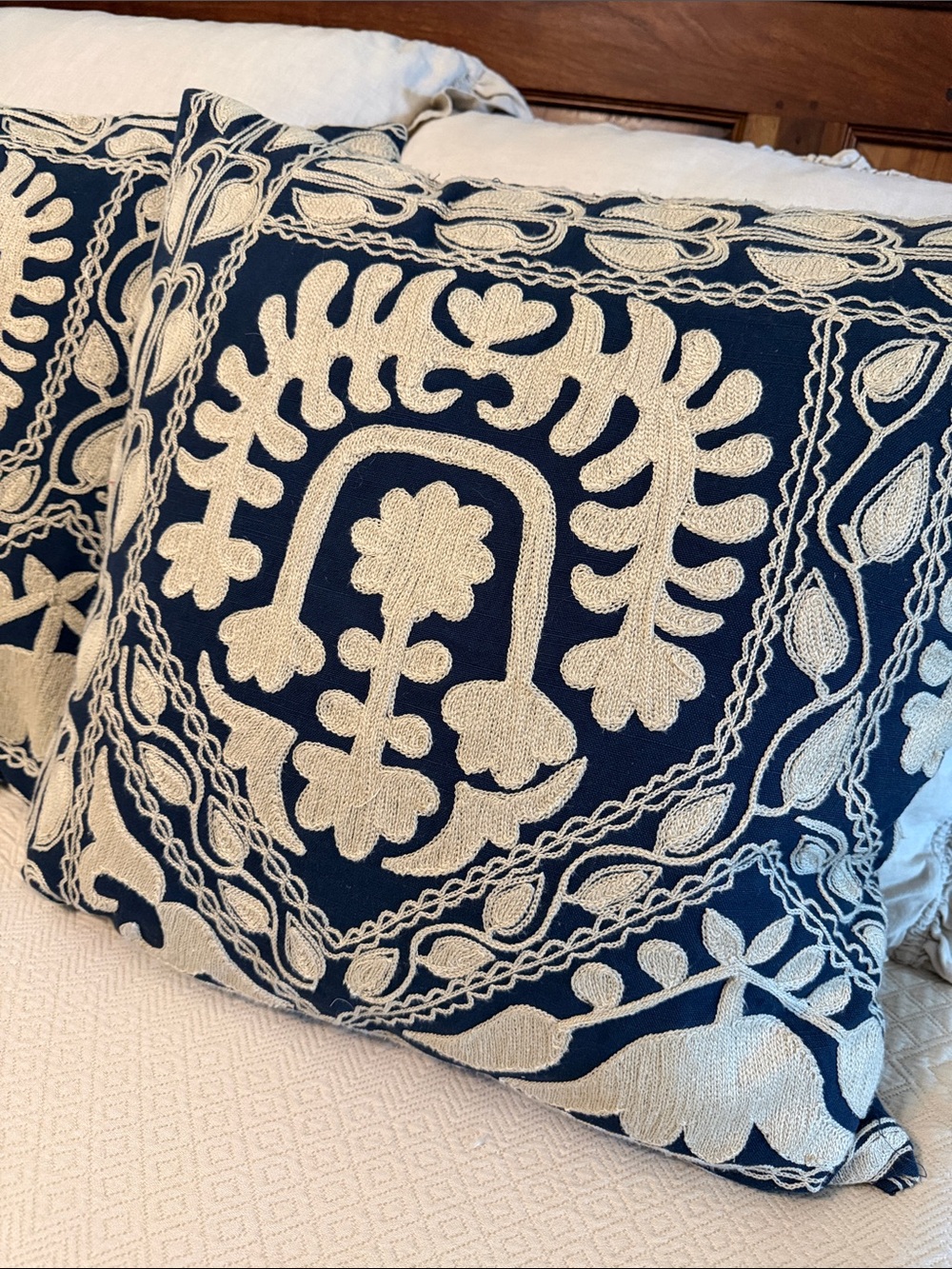 Pottery Barn Embroidered Navy & Cream Decorative Pillow Cover